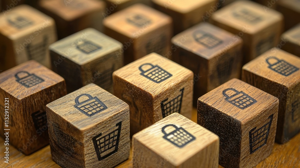 Fototapeta premium Wooden Blocks Engraved with Shopping Bag Symbols on a Table