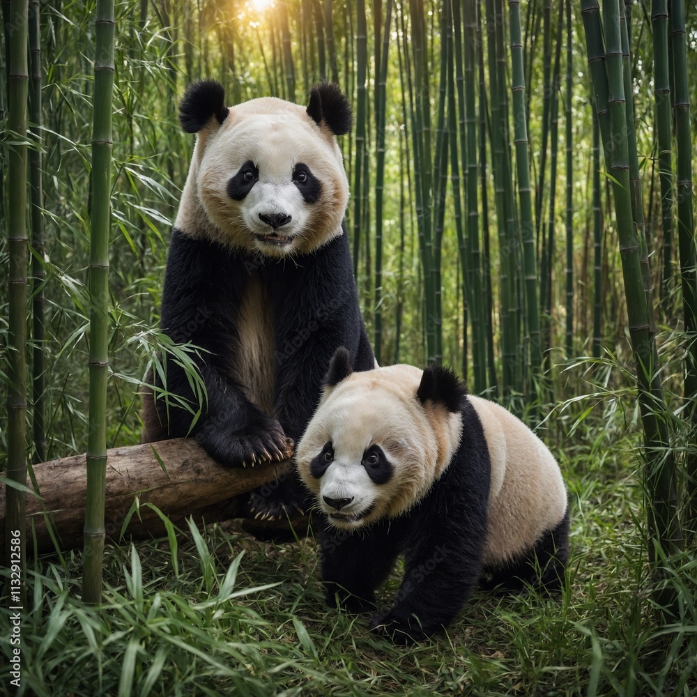 Obraz premium A panda and its cub in a picturesque bamboo grove.