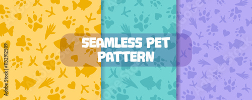 Set of seamless patterns and backgrounds with paw prints, hearts, fish. Abstract vector illustration for pet shop websites and prints, social media posts, animal product design