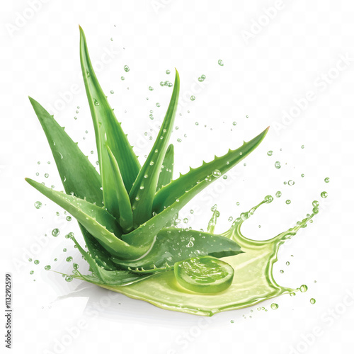 Fresh green aloe vera in splash of juice isolated on white background