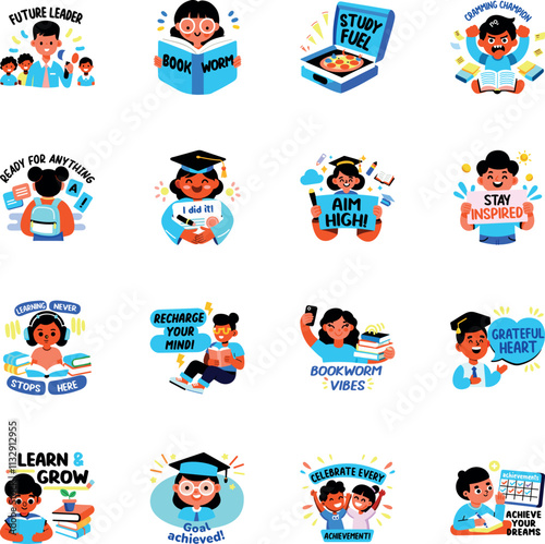 Set of Flat Style Motivational Students Stickers 

