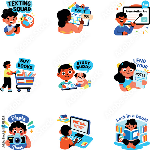 Set of Flat Style Students Stickers 

