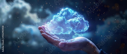 Individual grasping a cloud icon, depicting cloud computing, data exchange, and digital technology. photo