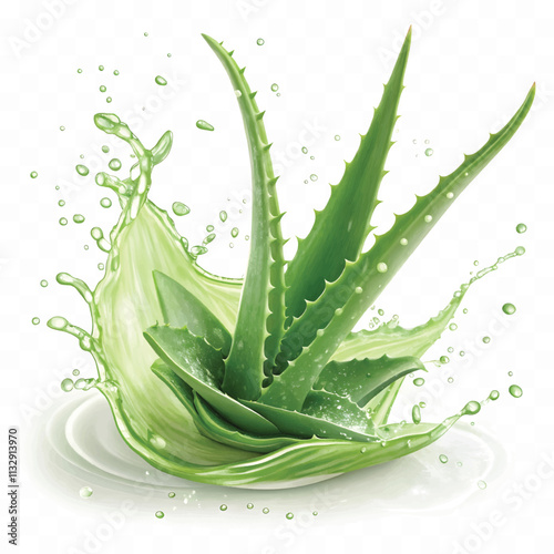 Fresh green aloe vera in splash of juice isolated on white background