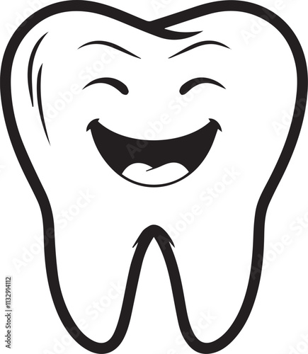 A minimalist 2D drawing of a smiling tooth with a white background and a black outline.