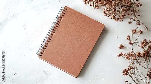 Flat lay of a spiral-bound notebook with a clean and minimal design, positioned centrally on a white surface  photo