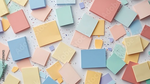 Flat lay of scattered sticky notes in a variety of colors, placed on a seamless white surface for a dynamic composition  photo