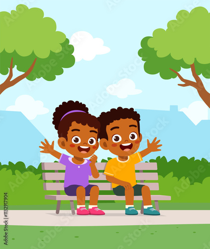 little kid and friend sit on the park bench