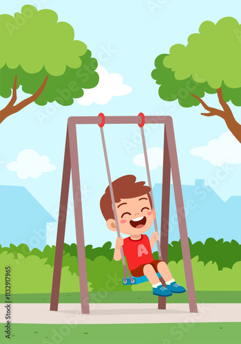 little kid play swing in the park