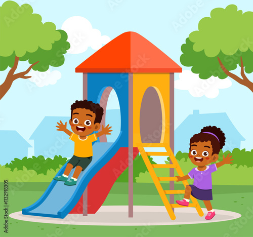 little kid play slide in the park with friend