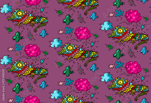 Seamless colorful decorative pattern with lizards