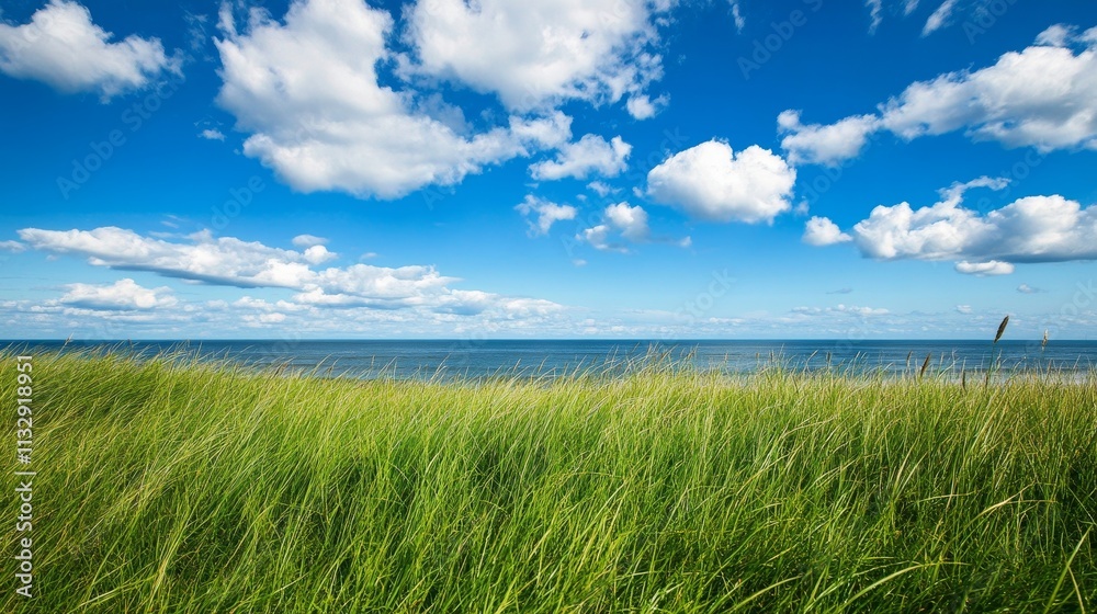 Fototapeta premium A serene coastal landscape featuring green grass and a blue sky with fluffy clouds.