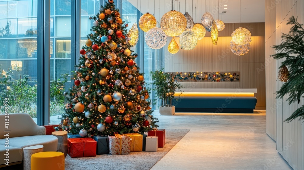 Obraz premium Festive Christmas Tree in Modern Lobby Decor