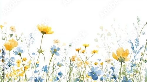 A delicate watercolor wildflower border in cheerful yellow, calming blue, and pure white tones on a crisp white background