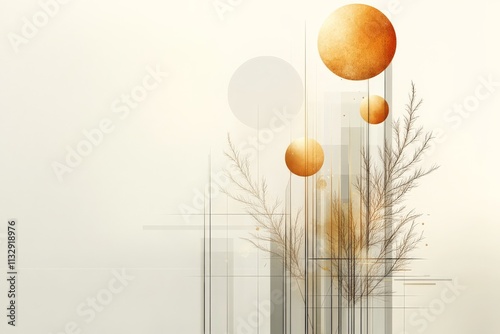 Abstract design featuring geometric shapes and natural elements in warm tones