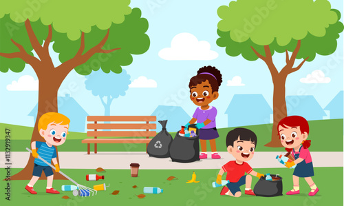 little kids cleaning park with friends
