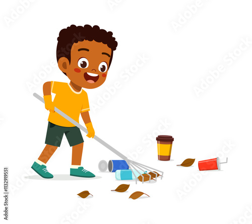 little kid using rake to clean garbage