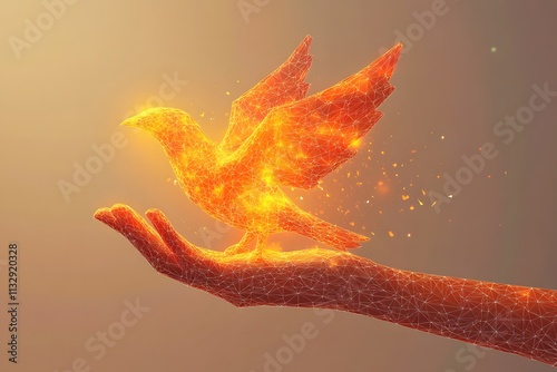 Magical glowing phoenix bird made of fire rising from open hand. Mystical orange energy creature in flight. Fantasy art concept for spiritual freedom and rebirth symbols with dark background photo