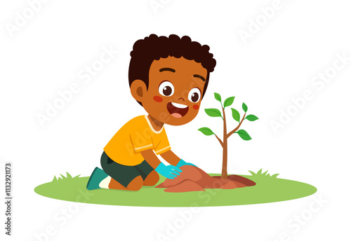 little kid planting tree and feel happy