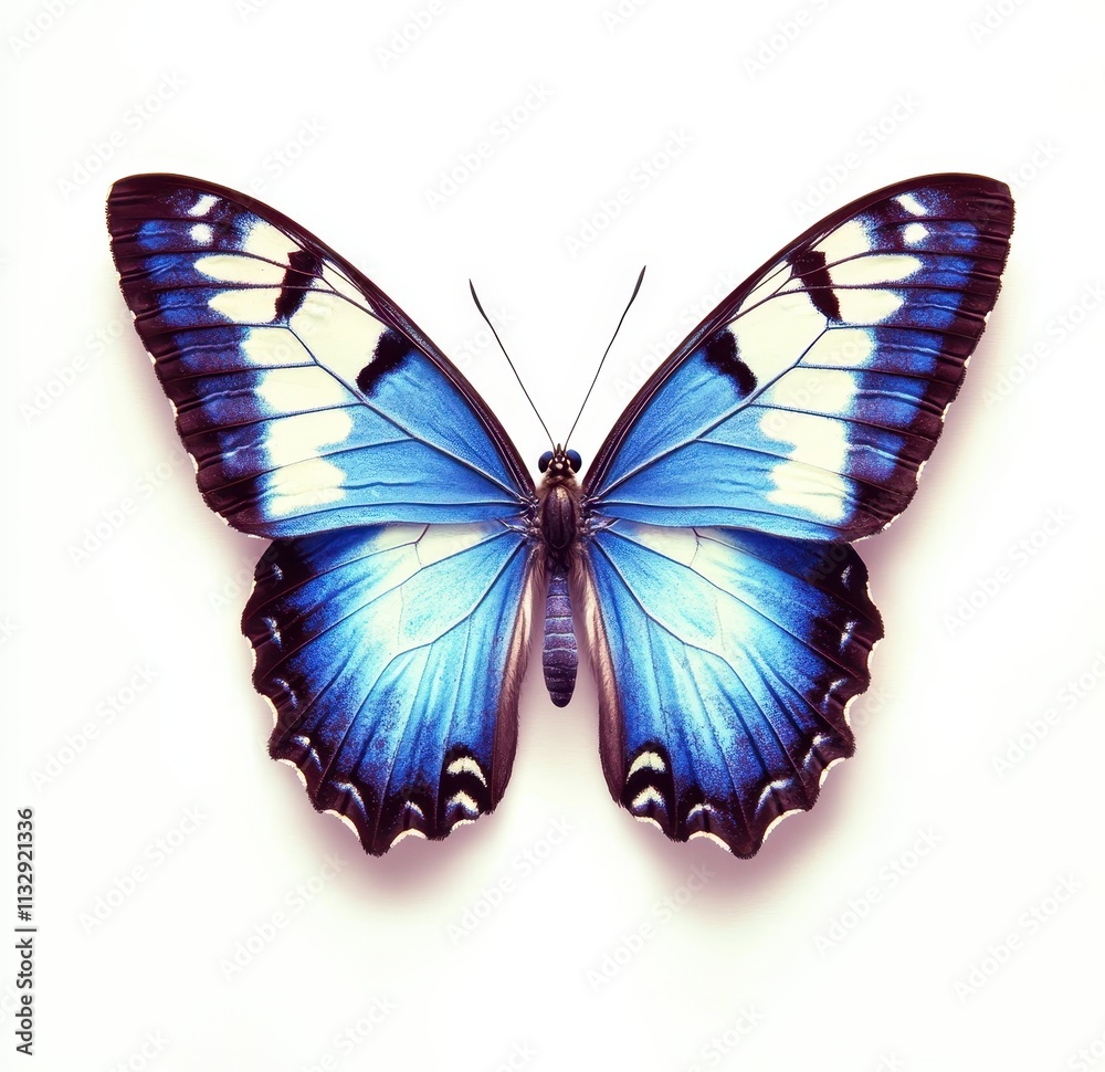 Fototapeta premium An elegant blue and white butterfly with symmetrical wing patterns and a dark brown outline, positioned on a crisp white background. The bottom left corner is slightly blurred for added focus.