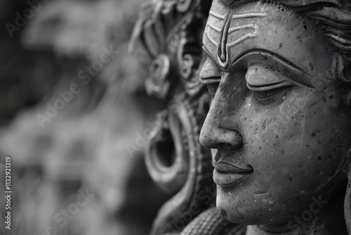 close up horizontal black and white image of lord shiva statue