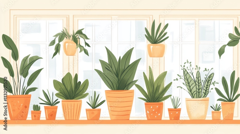 Fototapeta premium A Windowsill Garden Featuring Various Houseplants In Pots