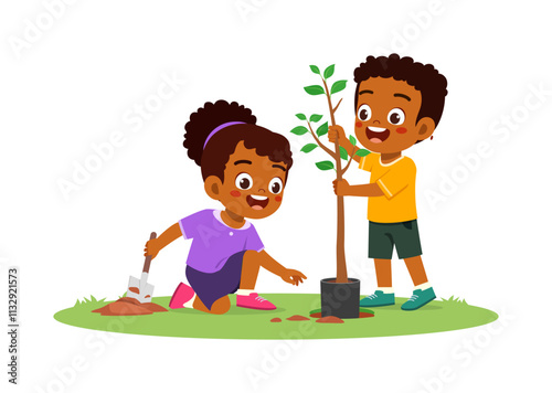 little kid planting tree and feel happy