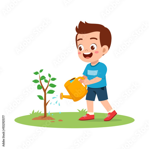 little kid planting tree and feel happy