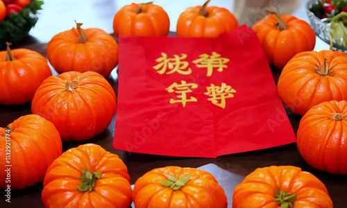 Chinese New Year dining table decorated with traditional food, festive red tablecloths, and details. photo