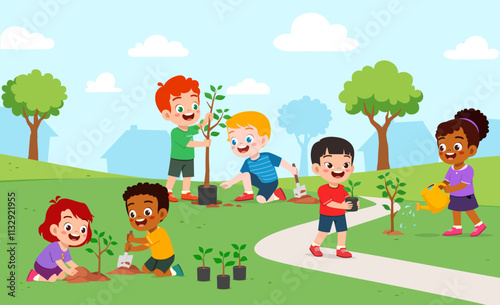 little kid planting tree and feel happy with friends