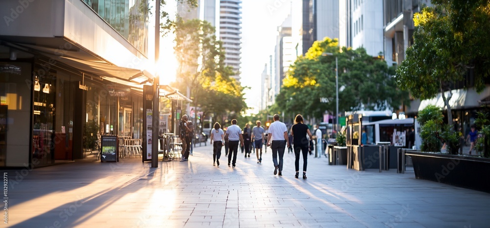 Obraz premium Busy urban street with people walking during sunset.