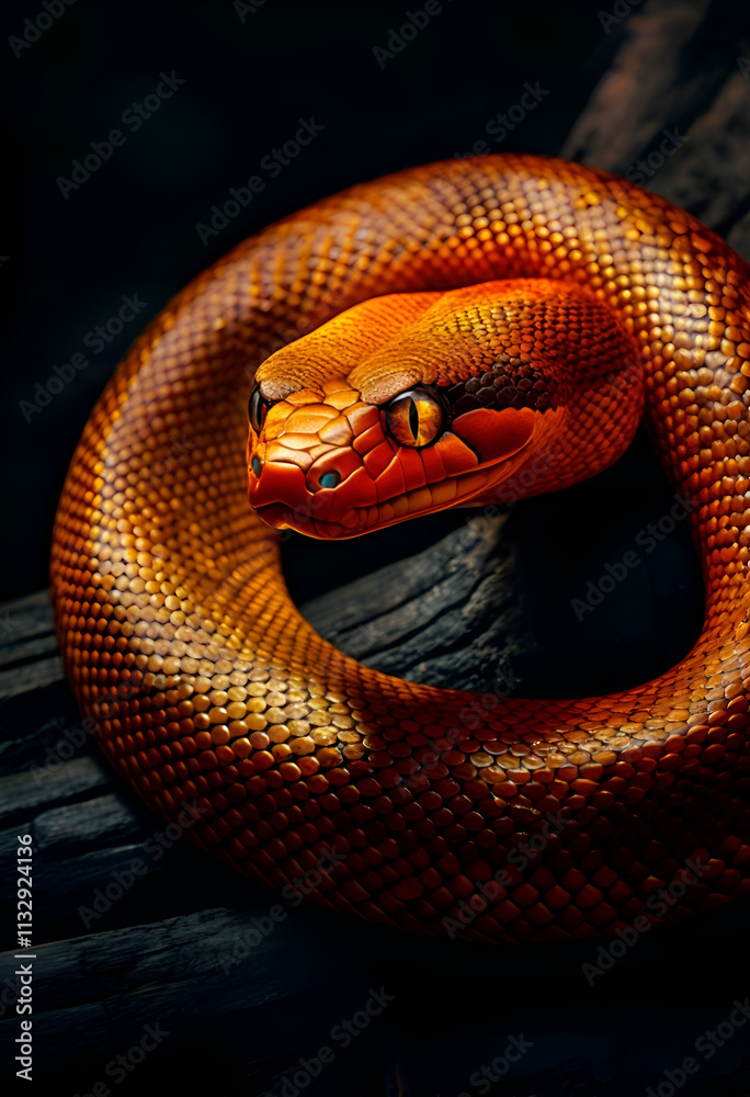 amazing orange snake posing on logs against dark background. close up. Ai generated