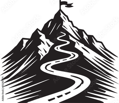 A mountain peak with a winding path leading to the top vector black silhouette