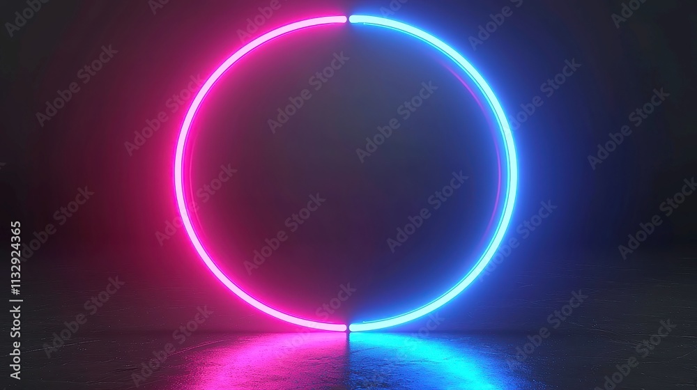 Obraz premium Neon Circle Frame, a vibrant round frame in blue and pink hues, featuring dynamic motion graphics against a black backdrop, perfect for showcasing creative content.