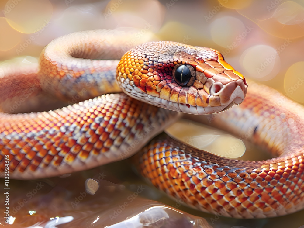 amazing orange snake posing against beautiful background with bokeh. close up. Ai generated