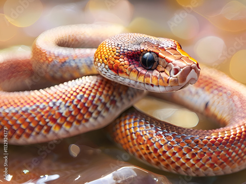 Obraz na płótnie amazing orange snake posing against beautiful background with bokeh. close up. Ai generated w salonie