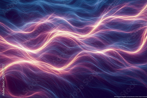 Blue and purple abstract energy background with wavy lines and sparkles on black with copy space