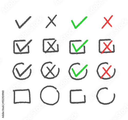 Doodle Ticks Vector Monochrome Collection. Informal Marks Or Symbols Used In Doodling, Tests Or Note-taking