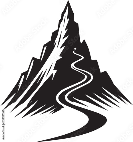 A mountain peak with a winding path leading to the top vector black silhouette