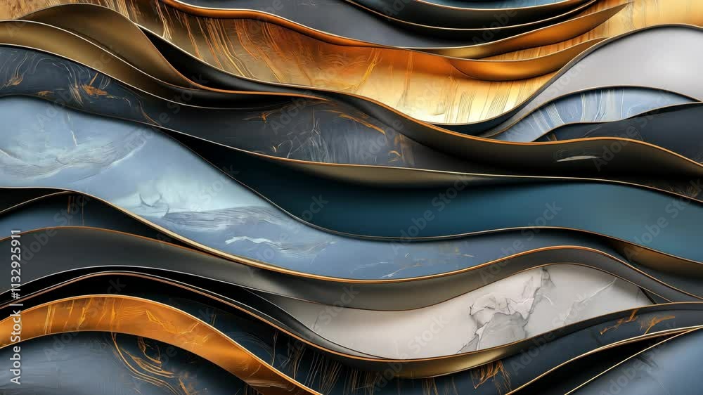 Abstract fluid marble modern wallpaper mural art. golden, blue, gray, black, and wooden shapes with golden lines. 3d illustration