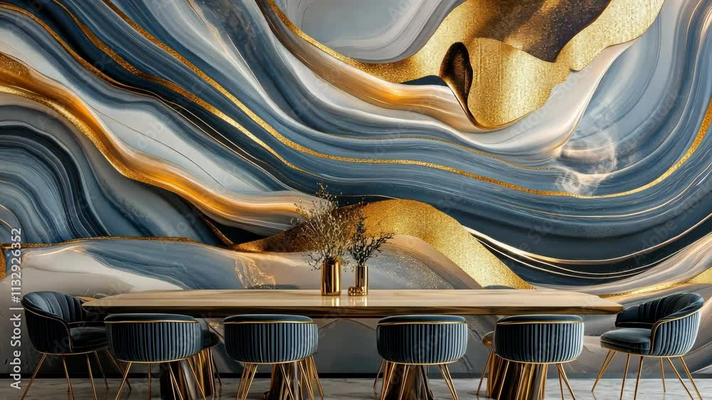 Abstract fluid marble modern wallpaper mural art. golden, blue, gray, black, and wooden shapes with golden lines. 3d illustration
