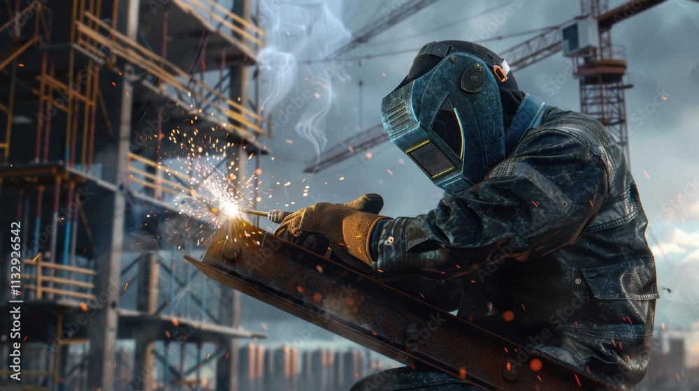 Welder in a protective suit and welding mask. Welder in a protective suit and welding mask.