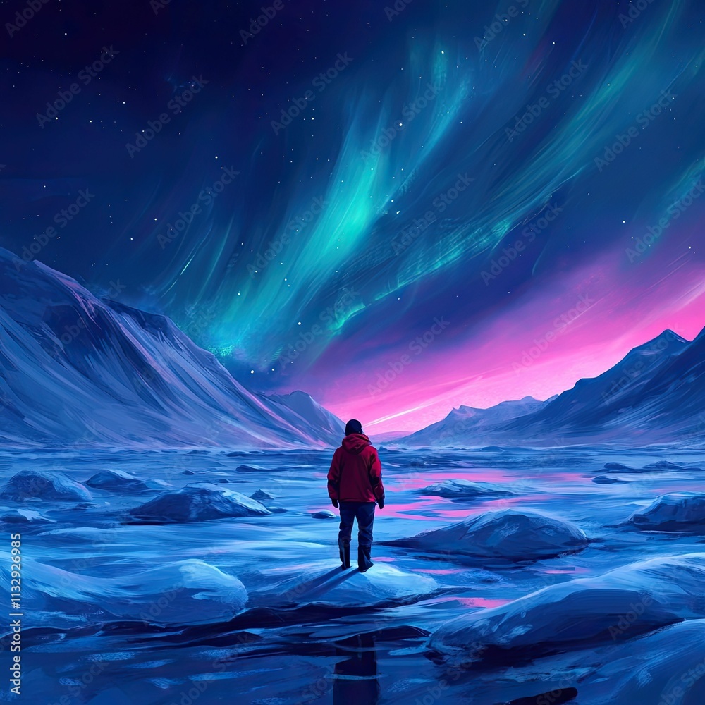 Fototapeta premium Person observing aurora borealis over icy mountains.