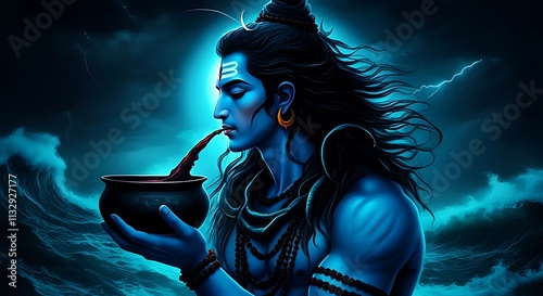 Lord Shiva The Supreme God . Consumes Deadly Poison Halahala During Samudra Manthan for protecting the universe iconic moment selflessness, balance, and spiritual strength in Hindu mythology . photo