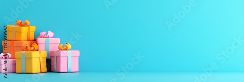 Colorful gift boxes stacked against bright blue background create cheerful and festive atmosphere, perfect for celebrations and special occasions