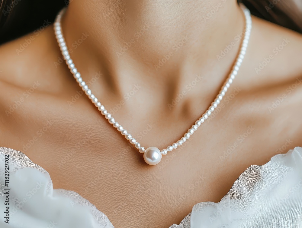 Graceful Aesthetic Concept. A close-up of a woman's neck adorned with a classic pearl necklace, featuring a prominent central pearl, enhancing an elegant and timeless look. Graceful Aesthetic Concept. A close-up of a woman's neck adorned with a classic pearl necklace, featuring a prominent central pearl, enhancing an elegant and timeless look.