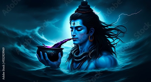 Lord Shiva The Supreme God . Consumes Deadly Poison Halahala During Samudra Manthan for protecting the universe iconic moment selflessness, balance, and spiritual strength in Hindu mythology . photo