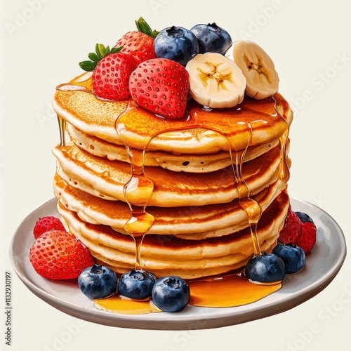 Wallpaper Mural A stack of fluffy pancakes topped with fresh strawberries, blueberries, and banana slices, drizzled with syrup. Torontodigital.ca