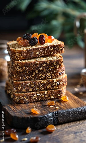 A stacked arrangement of oatmeal bread slices topped with dried fruits, showcasing a rustic food scene.