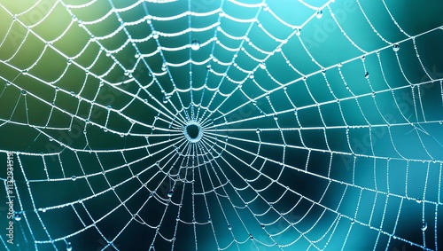 Spider web close up with dew drops on blue teal background